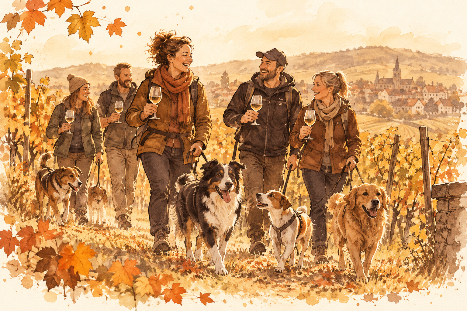 Herbstliche Weinwanderung mit Menschen, angeleinten Hunden und Weingläsern